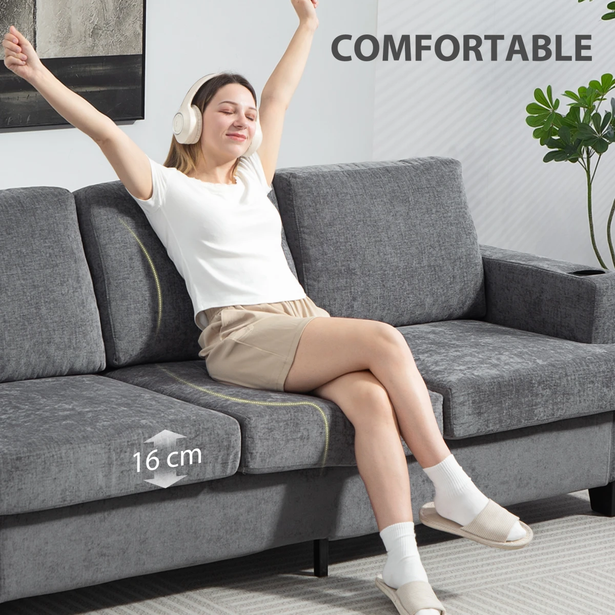 Homcom Sofa 3 Seater Gray With USB Ports Cup Holders Home by HOMCOM