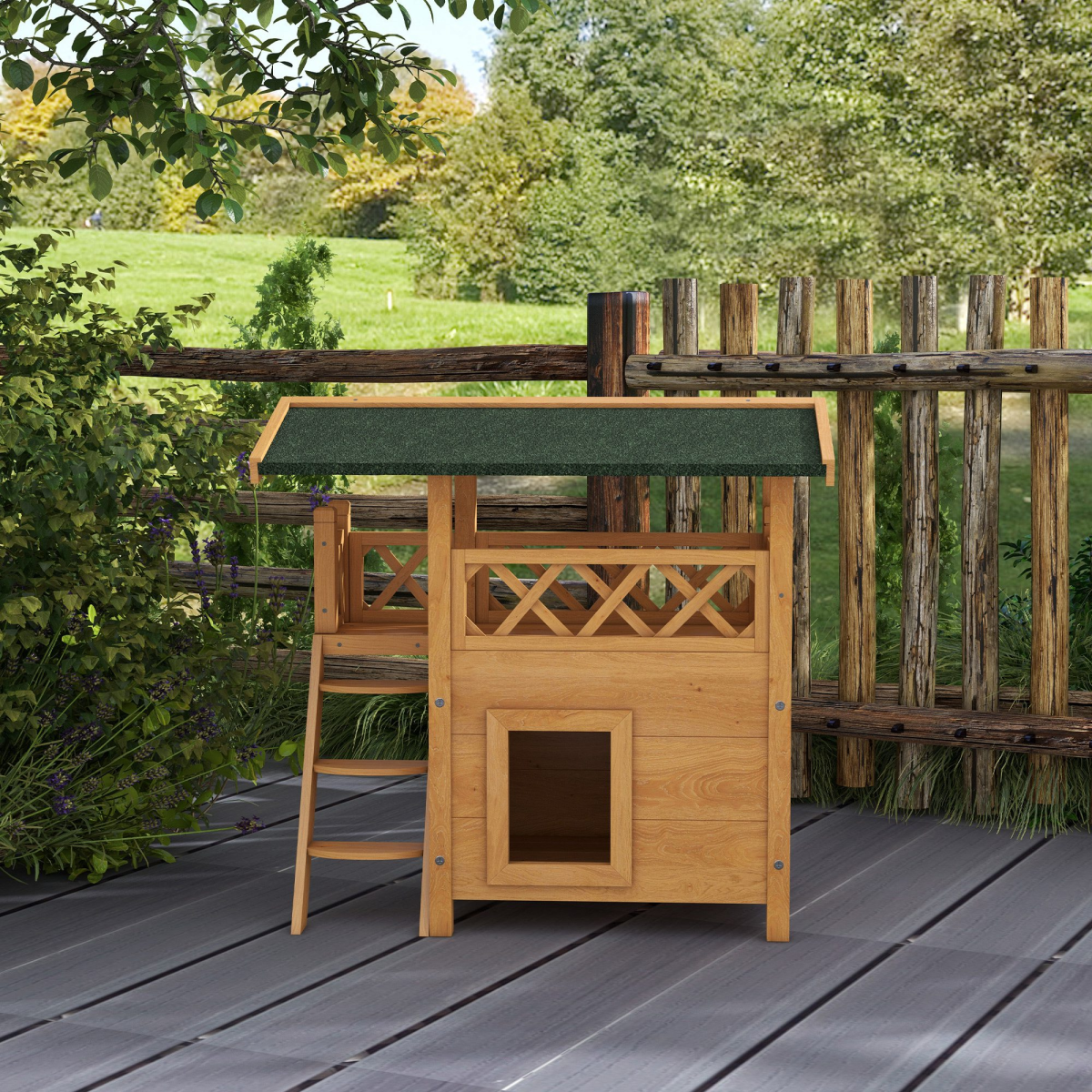 Outdoor Cat House With Balcony And Stairs PawHut Natural Fir Wood Elevated Weatherproof Roof