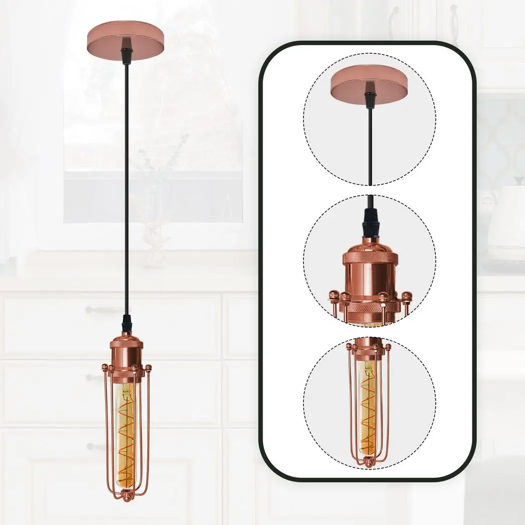 LEDSONE Single Rose Gold Ceiling E27 Pendant Light with Wire Cage, Industrial Vintage Hanging Lamp Fixture - Pendant Lights