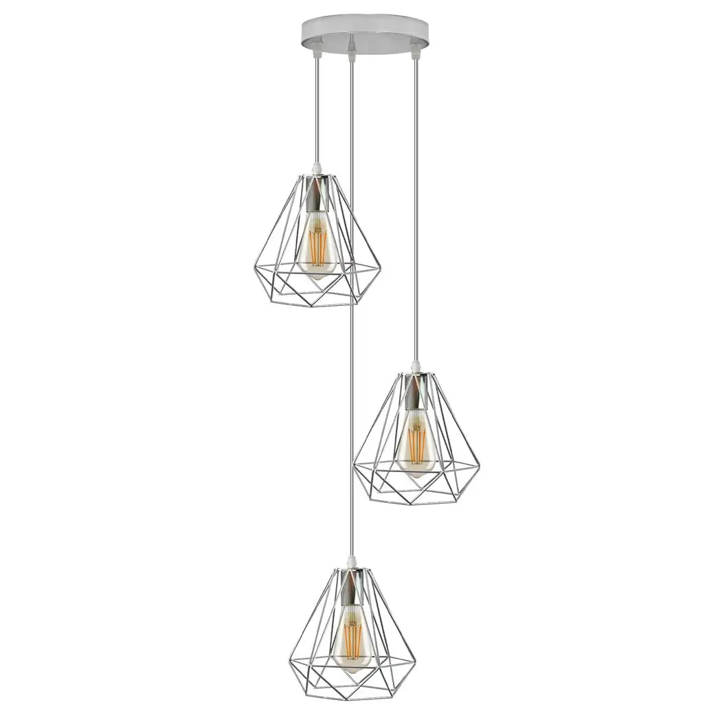 LEDSONE 3 Head Round Base Chrome Vintage Metal 20cm Diamond Wire Cage E27 Base Ceiling Pendant Light Fitting - Pendant Lights