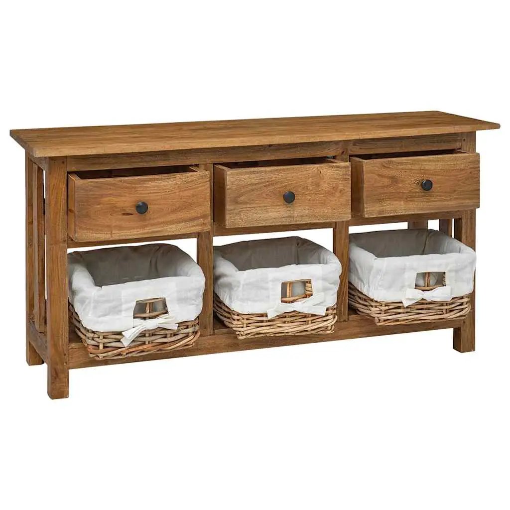VidaXL Sideboard Solid Mahogany Wood 100x30x50 cm With 3 Drawers And 3 Removable Rattan Baskets For Rustic Living Room - vidaXL - Home Symphony