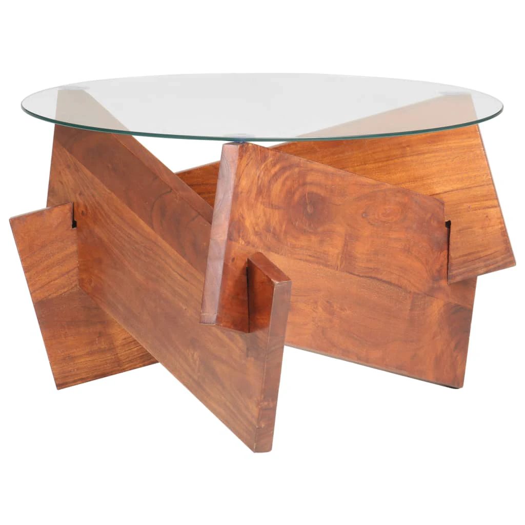 vidaXL Coffee Table 60 cm Solid Acacia Wood Glass Top Round Honey Brown Finish Living Room by vidaXL