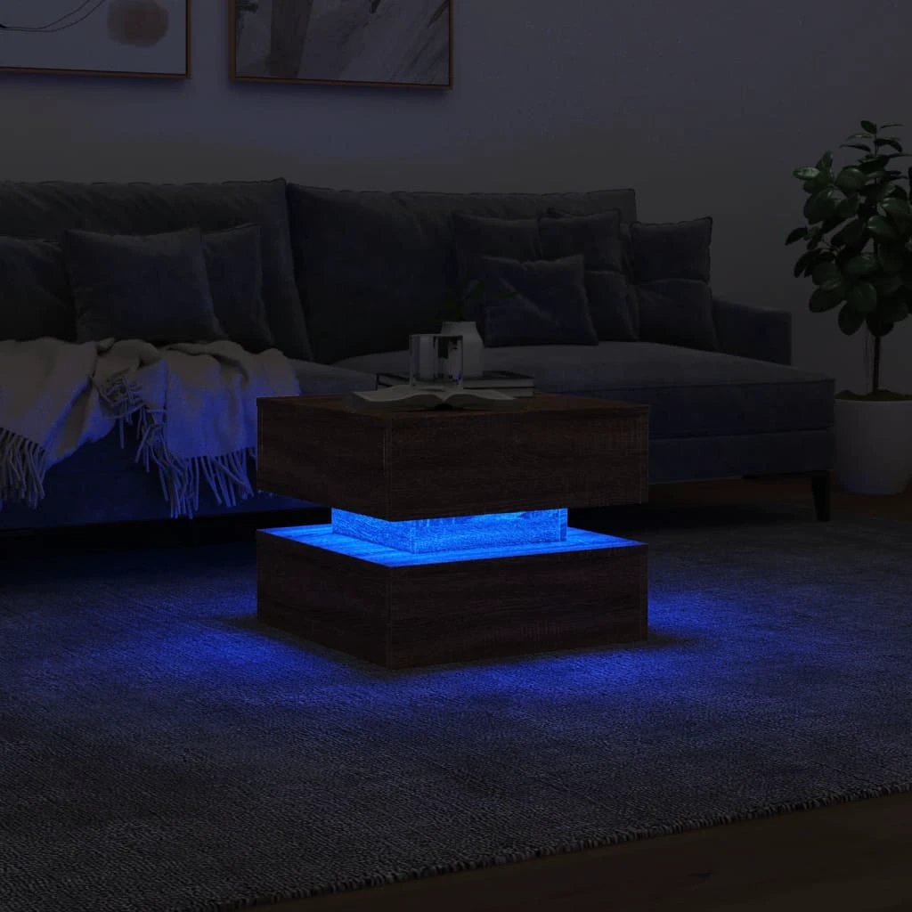 vidaXL vidaXL Coffee Table With LED Lights Brown Oak 50x50x40 cm For Modern Living Room Decor - Coffee Table