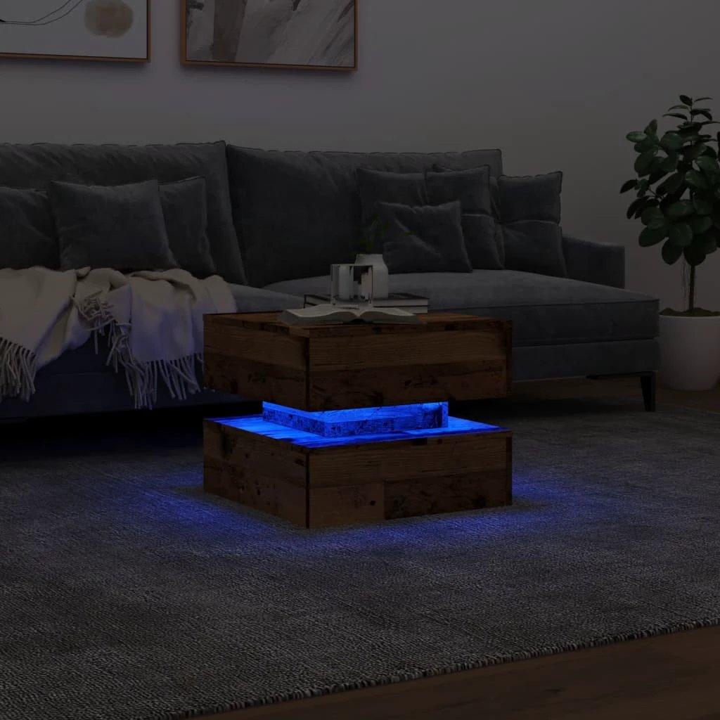 vidaXL Coffee Table 50x50x40 cm LED Lights Rustic Modern Living Room Decor Furniture by vidaXL