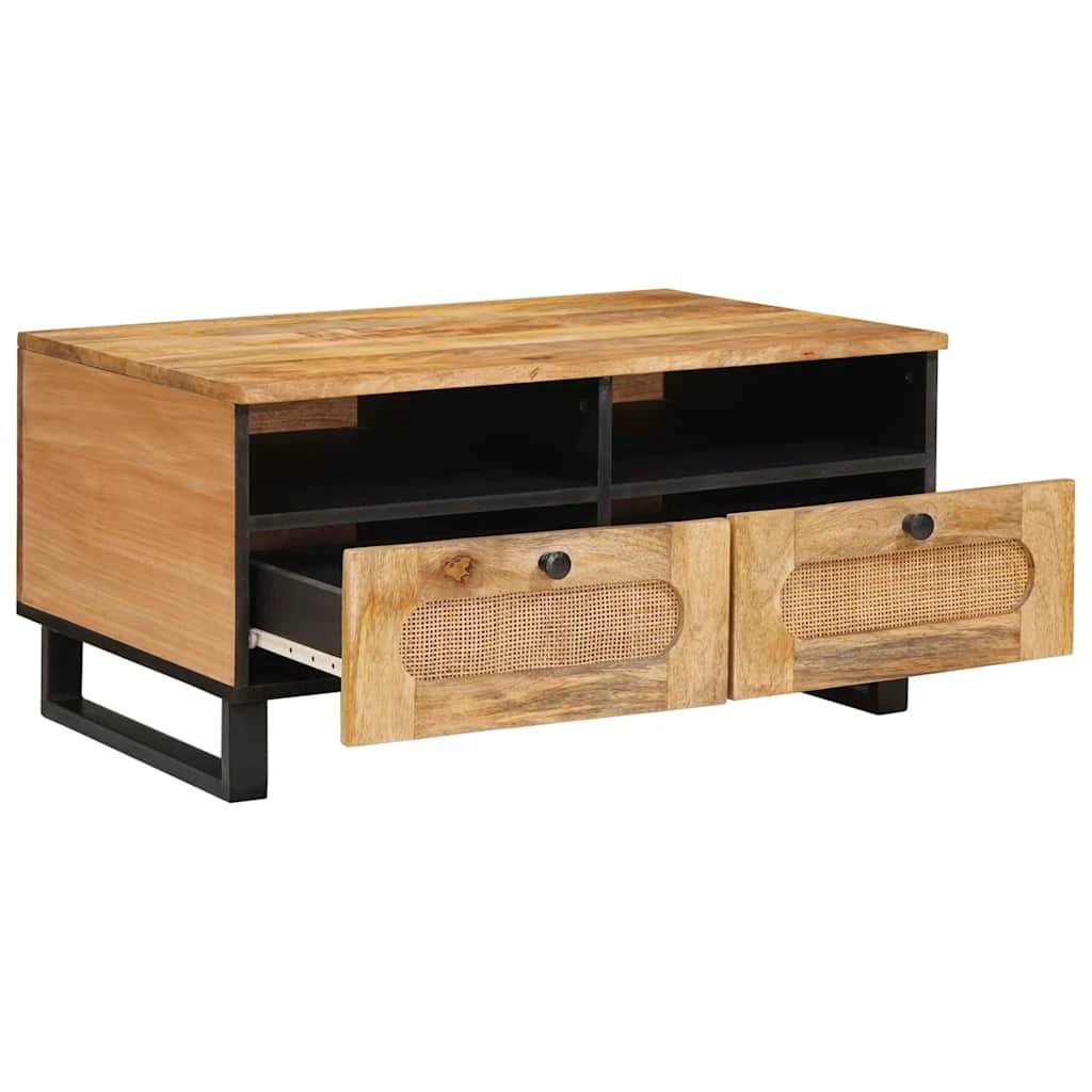 VidaXL Coffee Table Solid Mango Wood 80 X 54 X 40 cm With Open Shelves And Cane Drawer Fronts For Living Room Decor by vidaXL