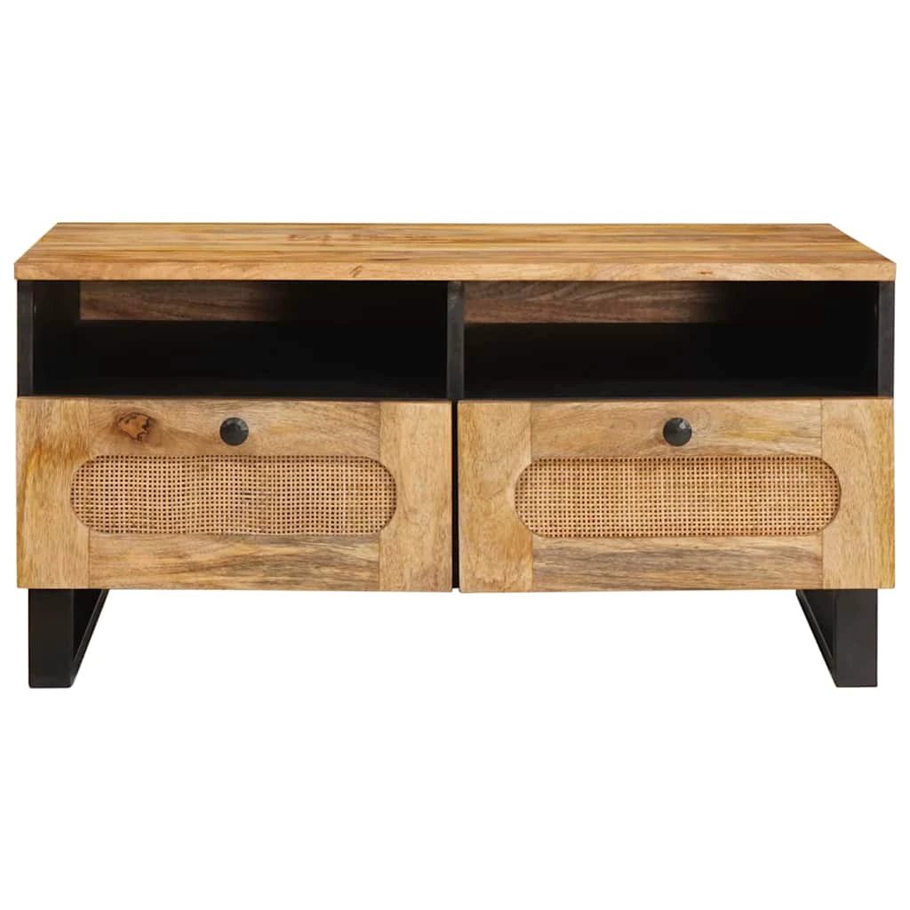 VidaXL Coffee Table Solid Mango Wood 80 X 54 X 40 cm With Open Shelves And Cane Drawer Fronts For Living Room Decor by vidaXL