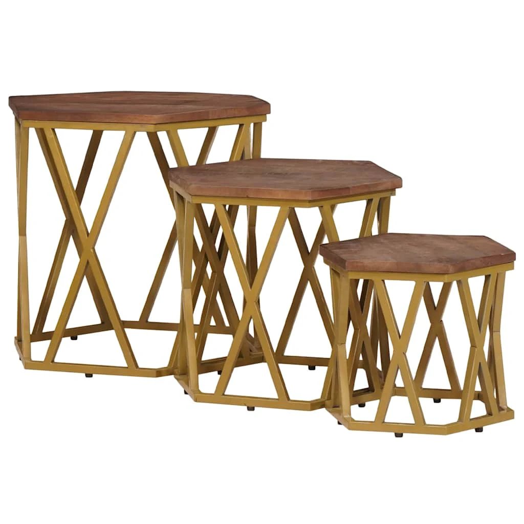 VidaXL Hexagonal Nesting Coffee Tables Set 55x55x50 cm Solid Mango Wood With Gold Frame Living Room Decor by vidaXL