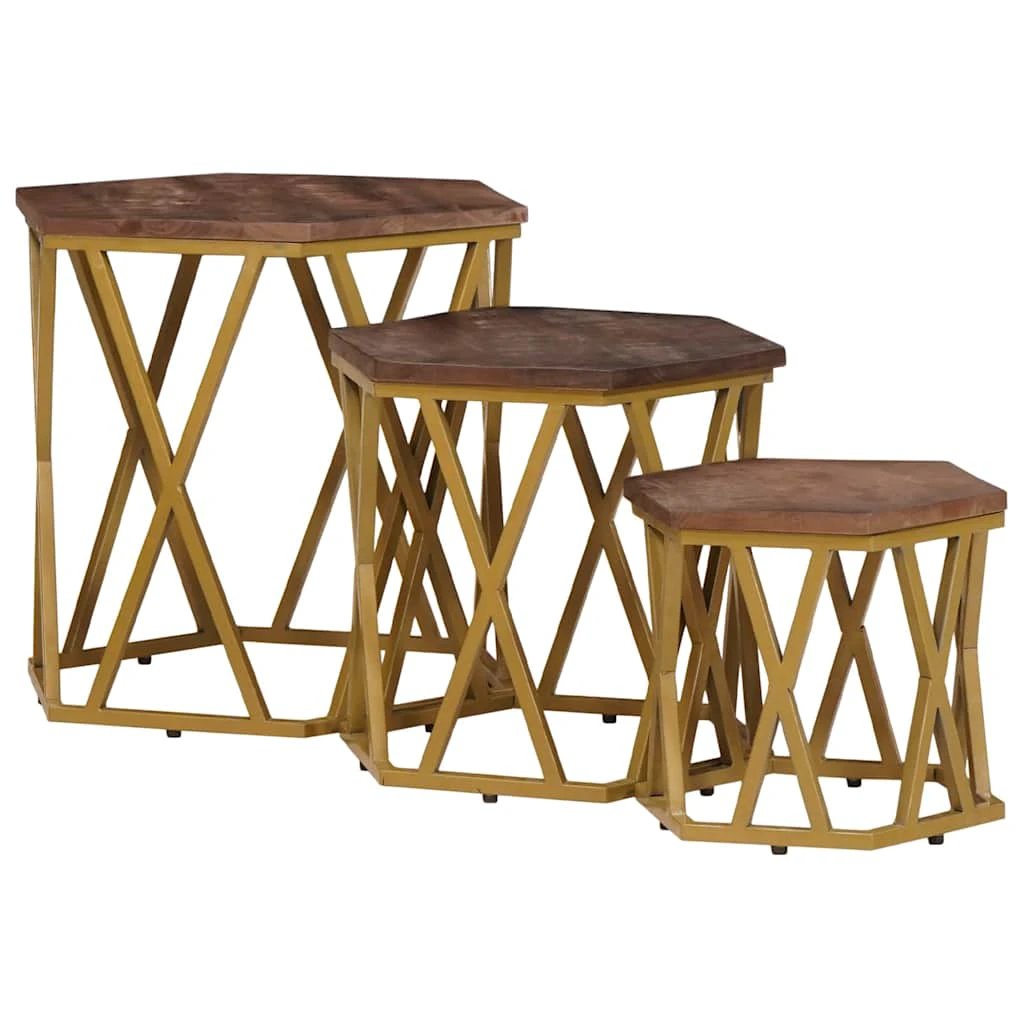VidaXL Hexagonal Nesting Coffee Tables Set 55x55x50 cm Solid Mango Wood With Gold Frame Living Room Decor by vidaXL