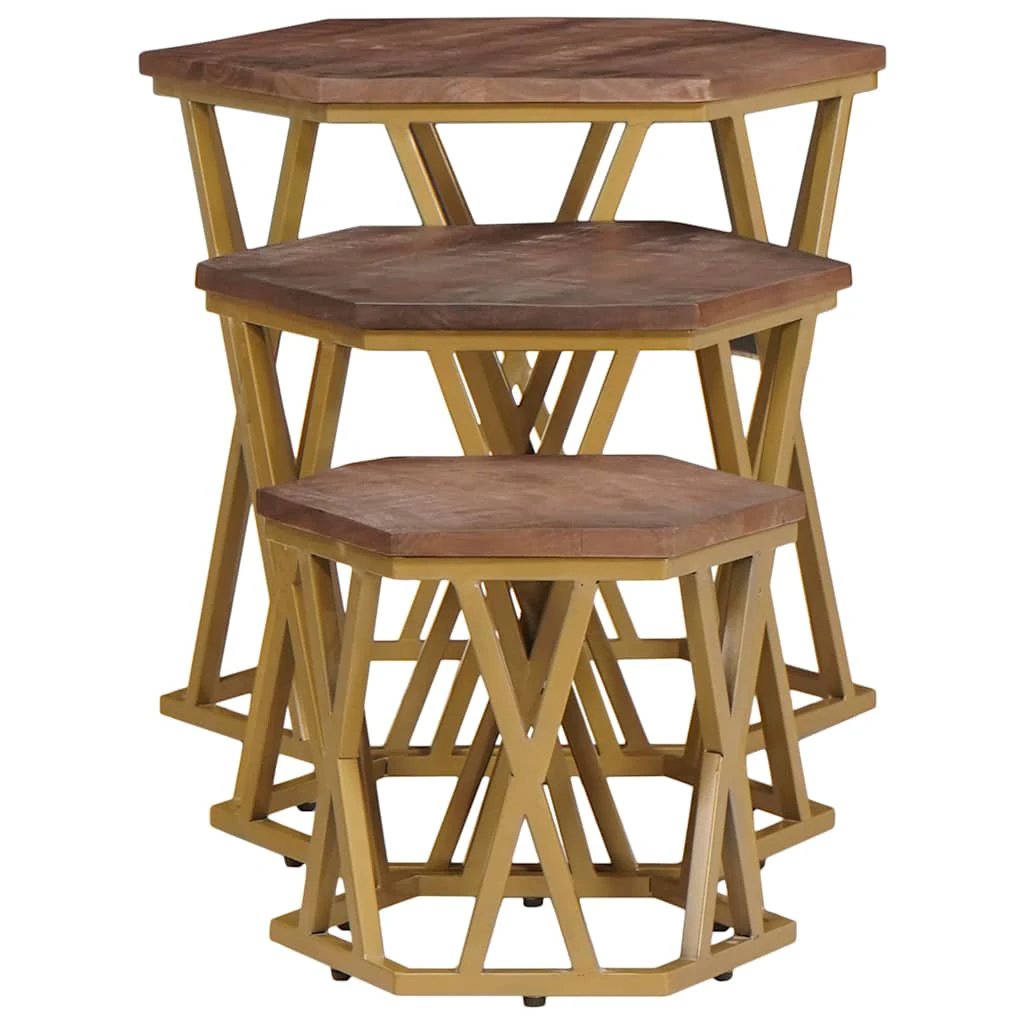 VidaXL Hexagonal Nesting Coffee Tables Set 55x55x50 cm Solid Mango Wood With Gold Frame Living Room Decor by vidaXL