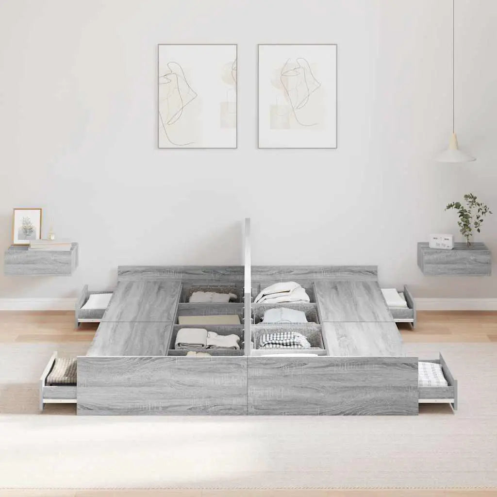 vidaXL Storage Bed Frame Grey Sonoma 160 x 200 cm Engineered Wood - from vidaXL
