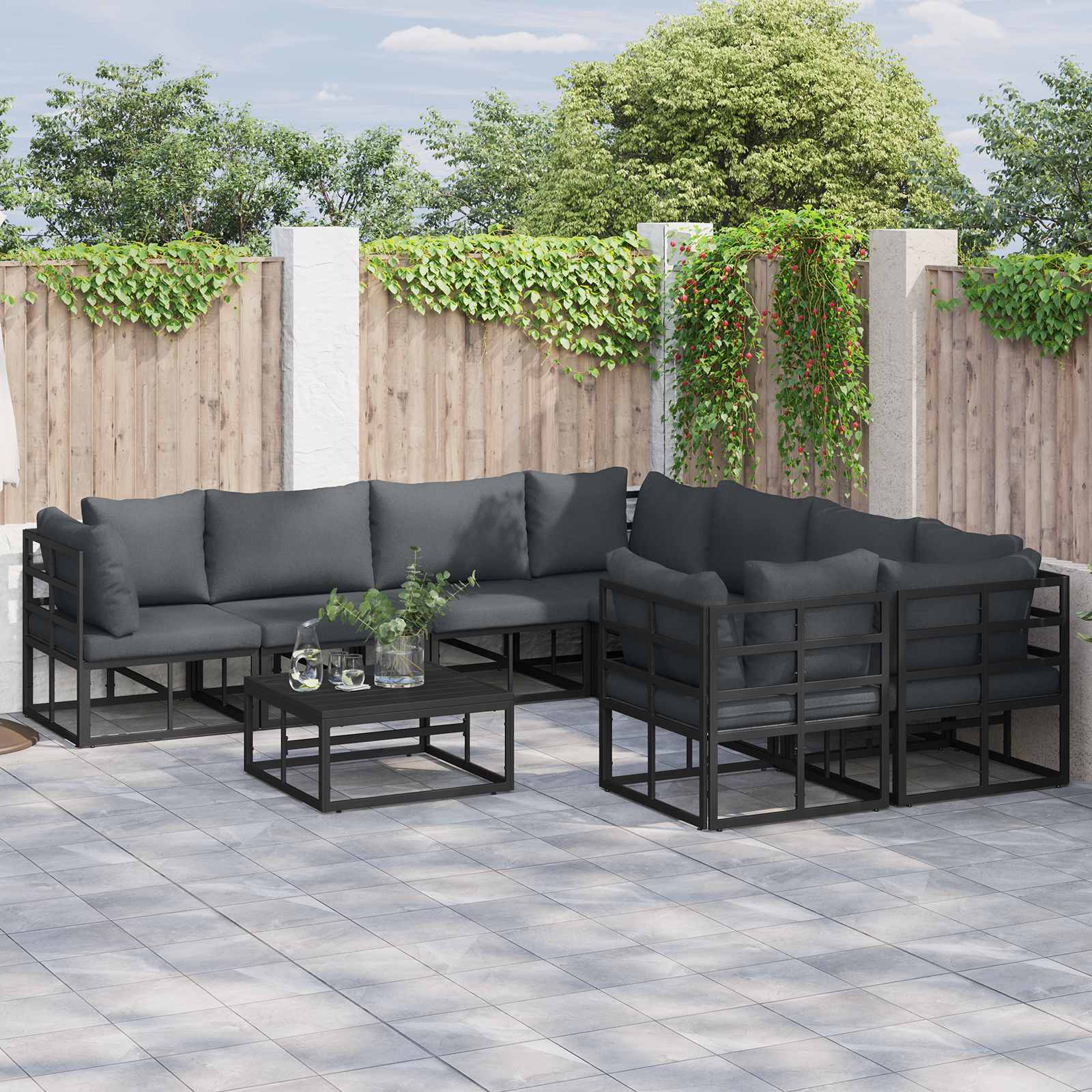 vidaXL vidaXL Garden Sofa Set with Cushion 9 pcs Black Steel - Garden Sofa Sets