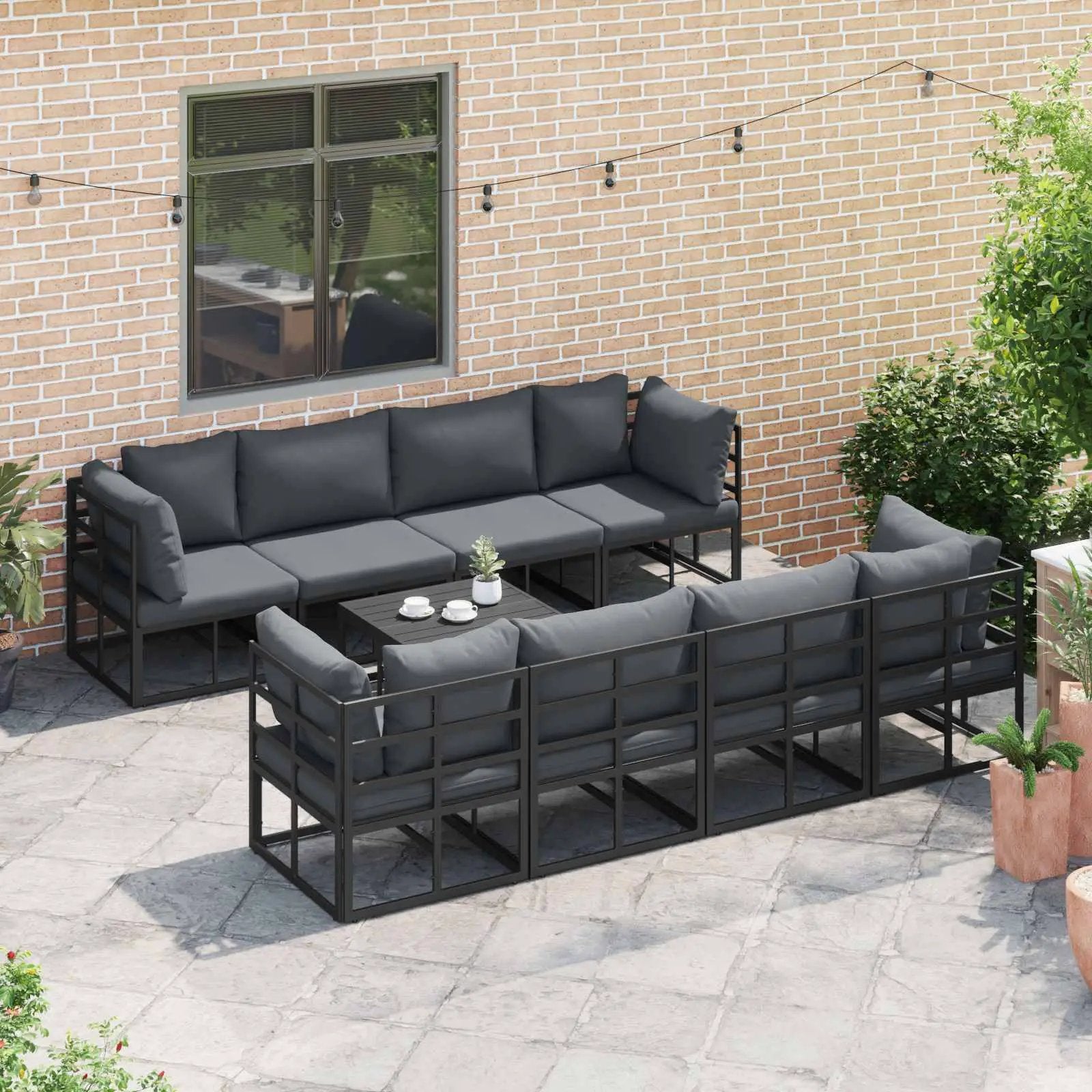 vidaXL vidaXL Garden Sofa Set with Cushion 9 pcs Black Steel - Garden Sofa Sets