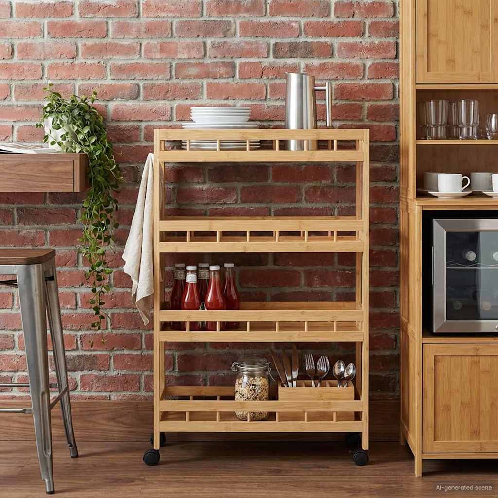 vidaXL Kitchen Trolley with Wheels Natural 60 x 18 x 97 cm Bamboo - from vidaXL