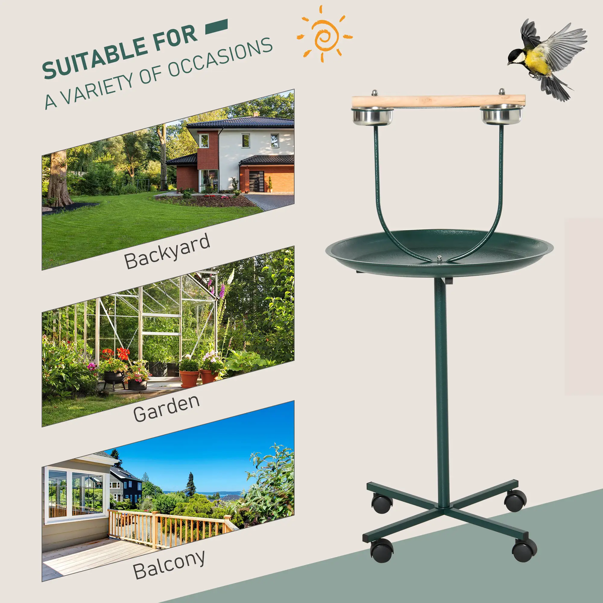 PawHut PawHut Bird Perch Stand, T-Stand Bird Training with Perch, Wheels, Bowls, Green - Bird Feeder