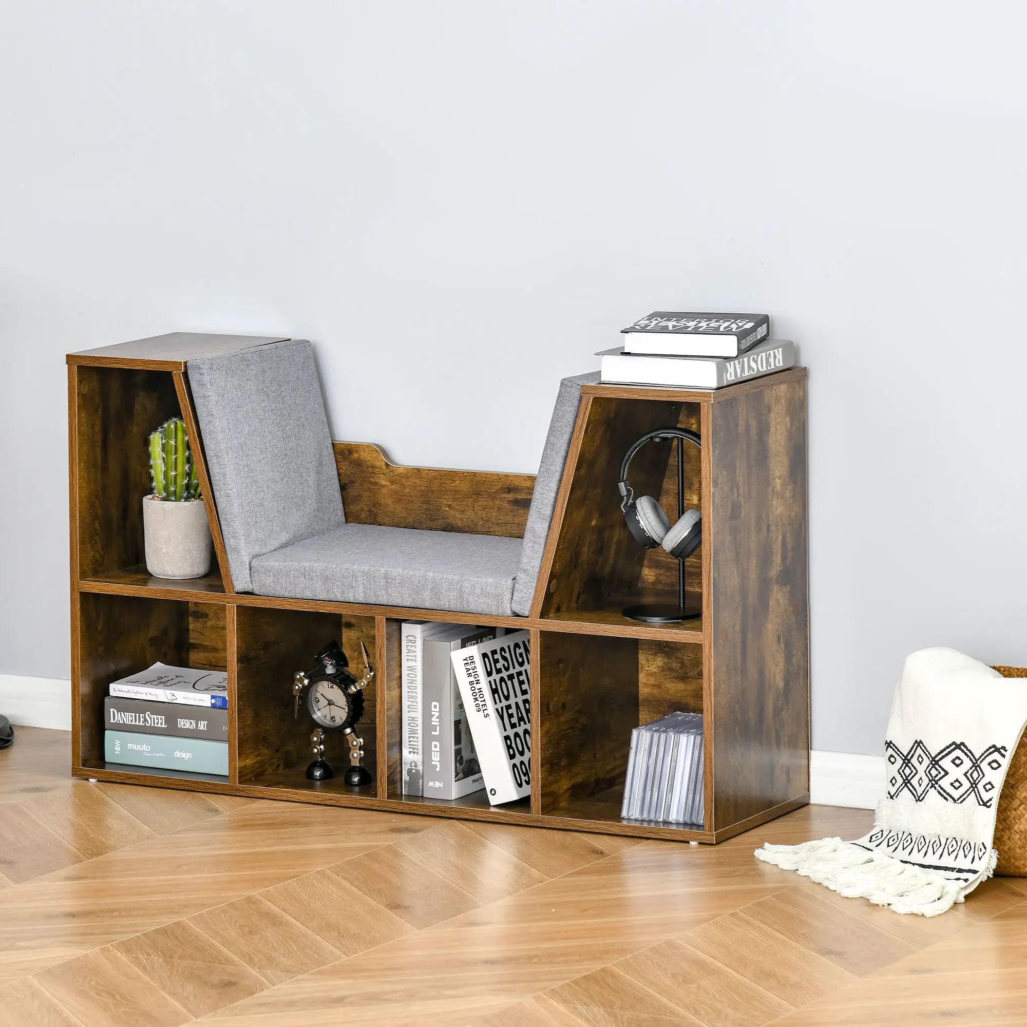 HOMCOM Bookcase Storage Reading Seat Unit Kids Adults Six Cubes Brown - Bookcase