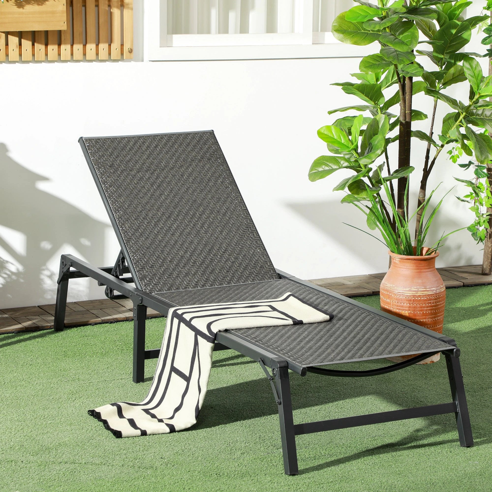 Outsunny Foldable PE Rattan Sun Lounger with 5-Level Adjustable Backrest by Outsunny