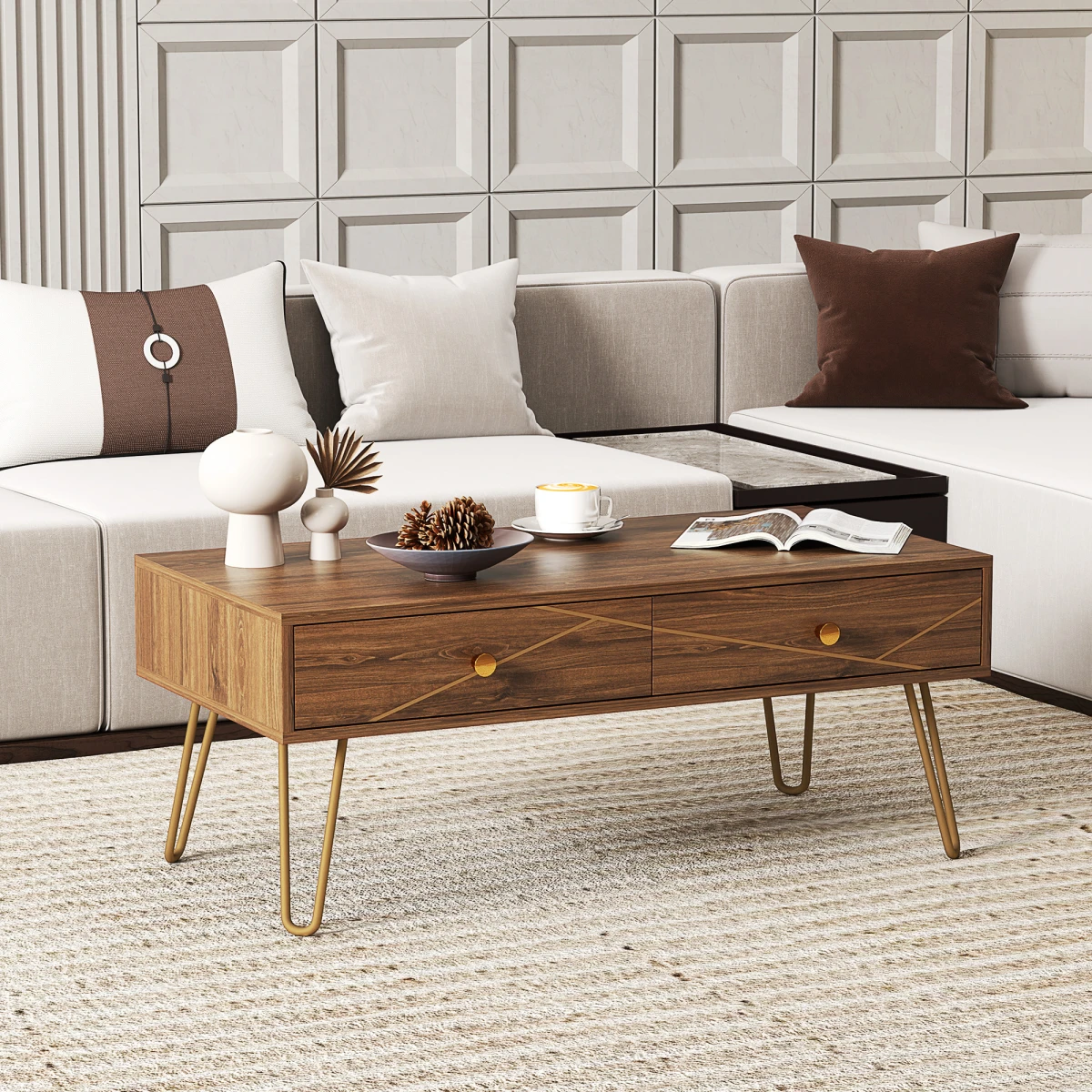 HOMCOM Coffee Table Long Woodgrain Finish With Two Drawers Gold Hairpin Legs Living Room by HOMCOM