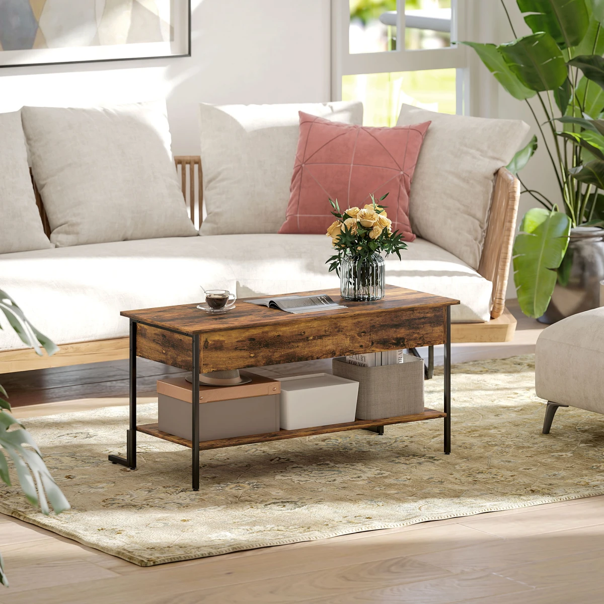 HOMCOM Industrial Lift Top Coffee Table With Storage Shelf Rustic Brown For Living Room And Home Office by HOMCOM