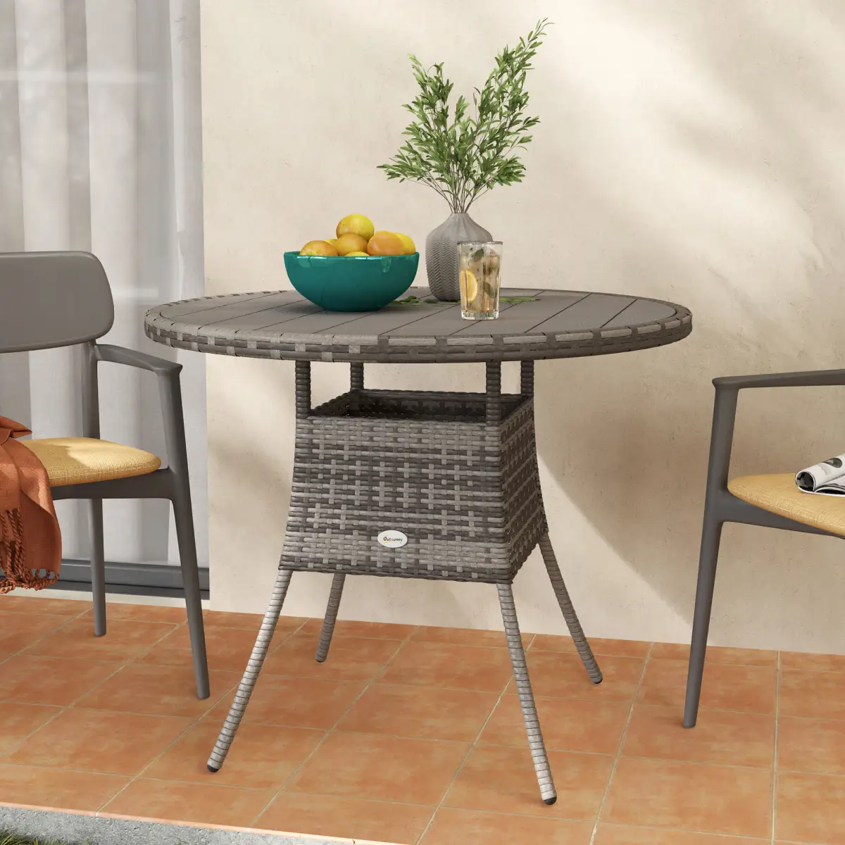 Outsunny Outsunny Outdoor PE Rattan Dining Table w/ Wood-plastic Composite Top, Grey - Garden Table