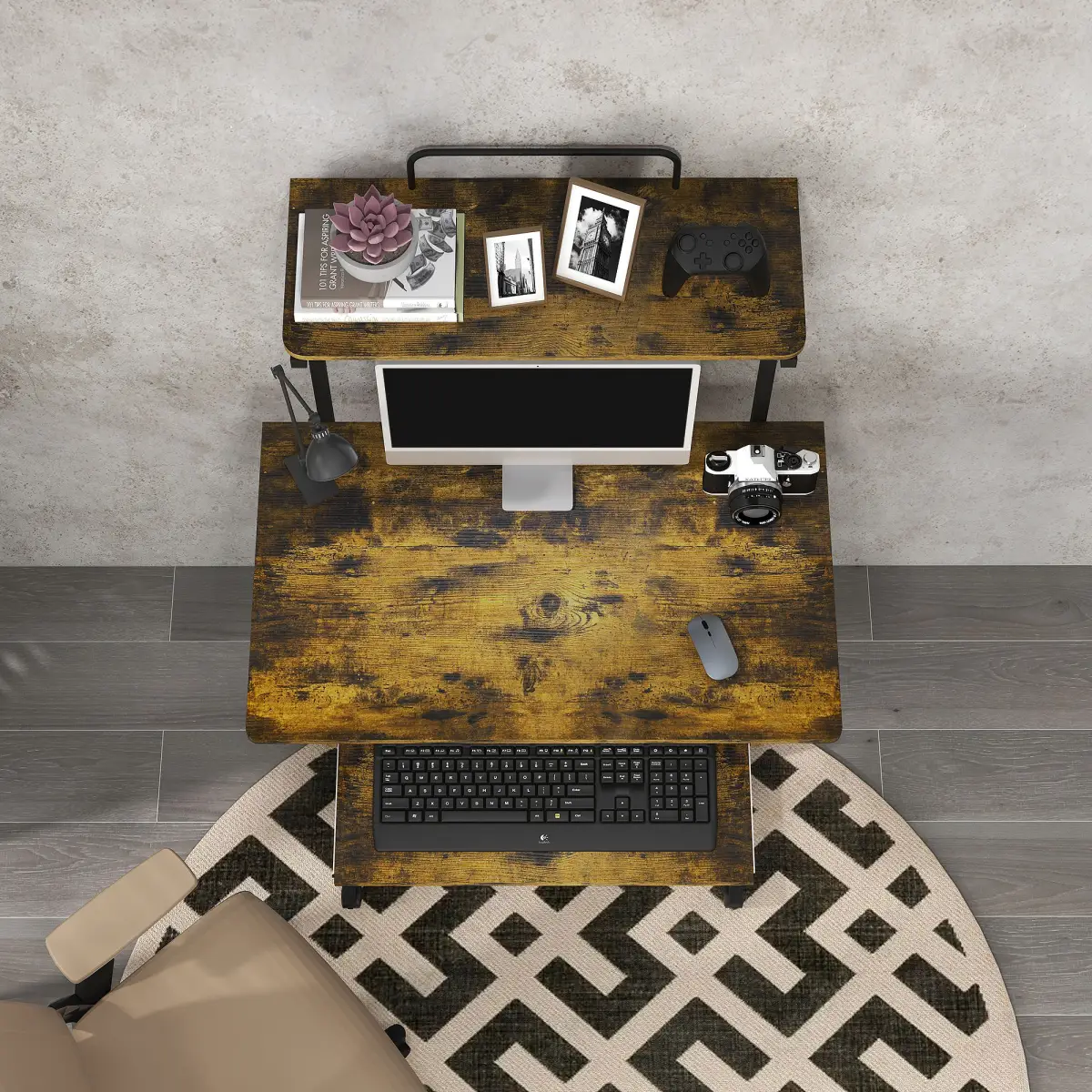 HOMCOM HOMCOM Rolling Computer Desk with Keyboard Tray Storage Shelves Rustic Brown - Desk