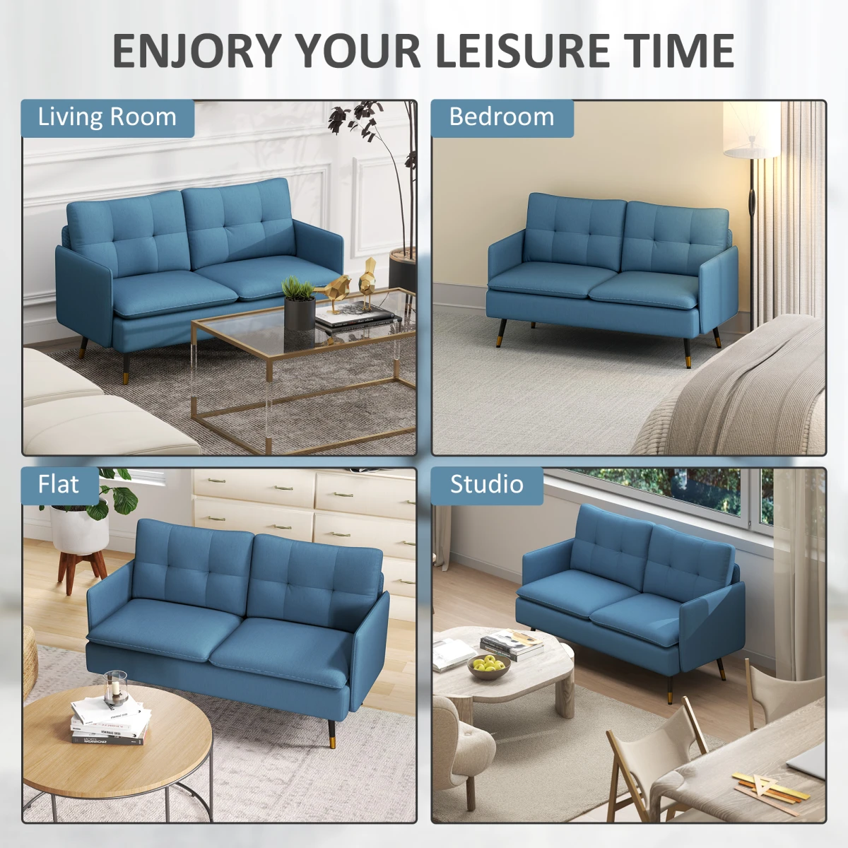 Premium Two Seat Tufted Blue Fabric Sofa For Living Room by HOMCOM