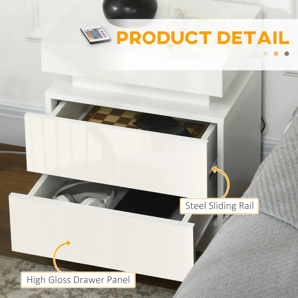 HOMCOM HOMCOM White Bedside Table, High Gloss Front Nightstand w/ LED Light, 2 Drawers - Bedside Table