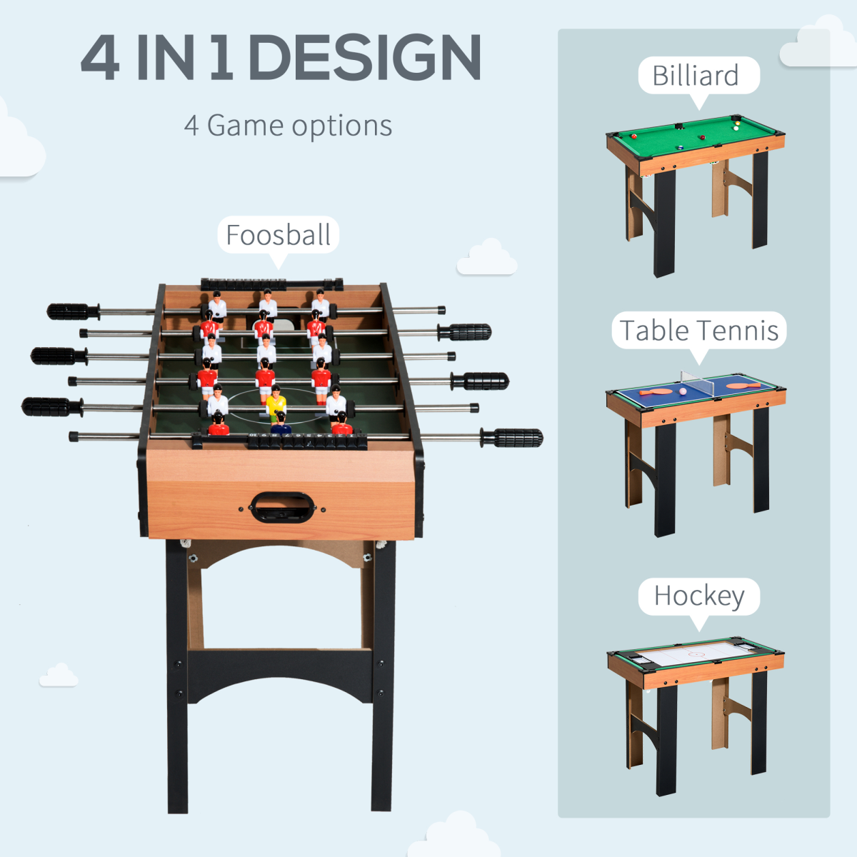 HOMCOM 4-In-1 Multi Games Table with Tennis Billiard Foosball Hockey 2 Types - from HOMCOM