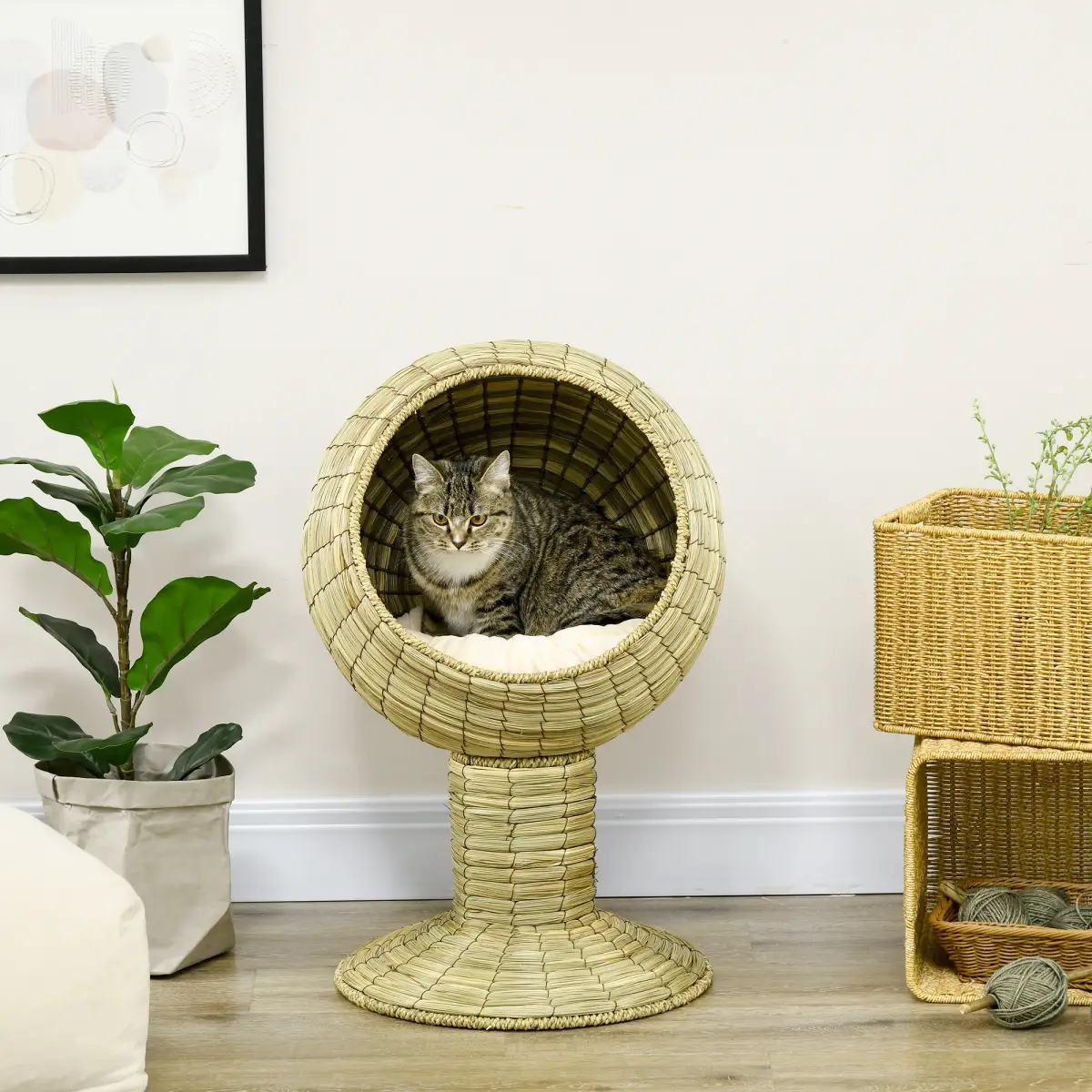 PawHut PawHut Raised Cat House, Natural Mat Grass Cat Bed w/ Stand Cushion, 41x 69 cm - Cat House