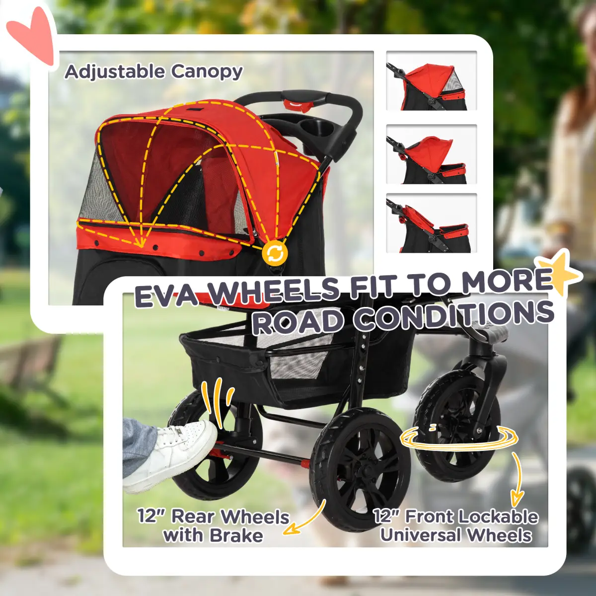 Unbranded Folding 3 Wheel Pet Stroller Travel Adjustable Canopy Storage Brake Red Pawhut - Pet Carrier