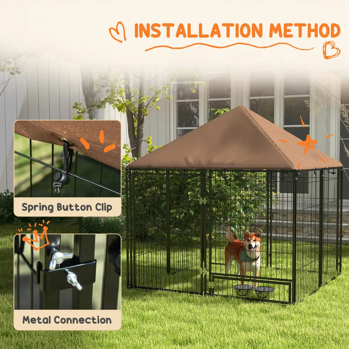 PawHut Outdoor Dog House Kennel with Canopy Top & Secure Lock Rotating Bowl Holder - Dog Kennel