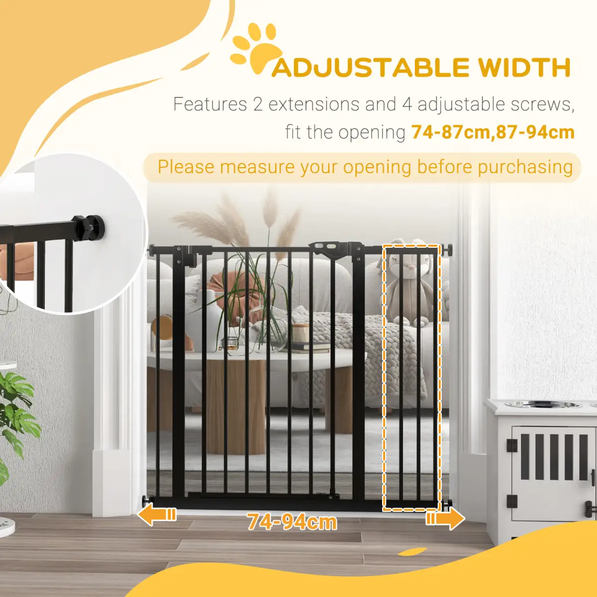 PawHut PawHut Adjustable Safety Gate w/ 1 Extensions and Four Adjustable Screws, Black - Pet Gate