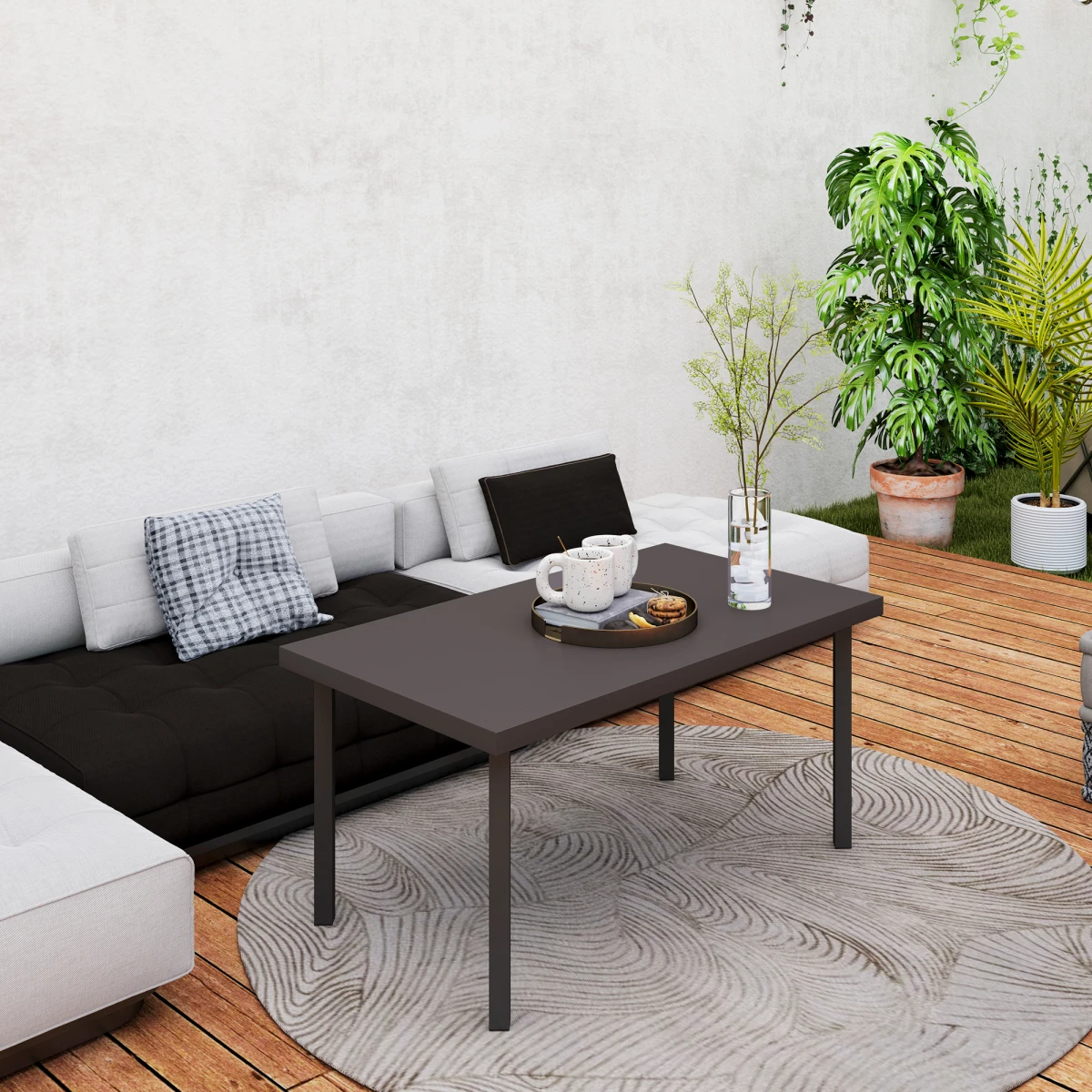 Outsunny Metal Garden Coffee Table 95x55 cm Tabletop Woodgrain Finish for Outdoor Patio by Outsunny