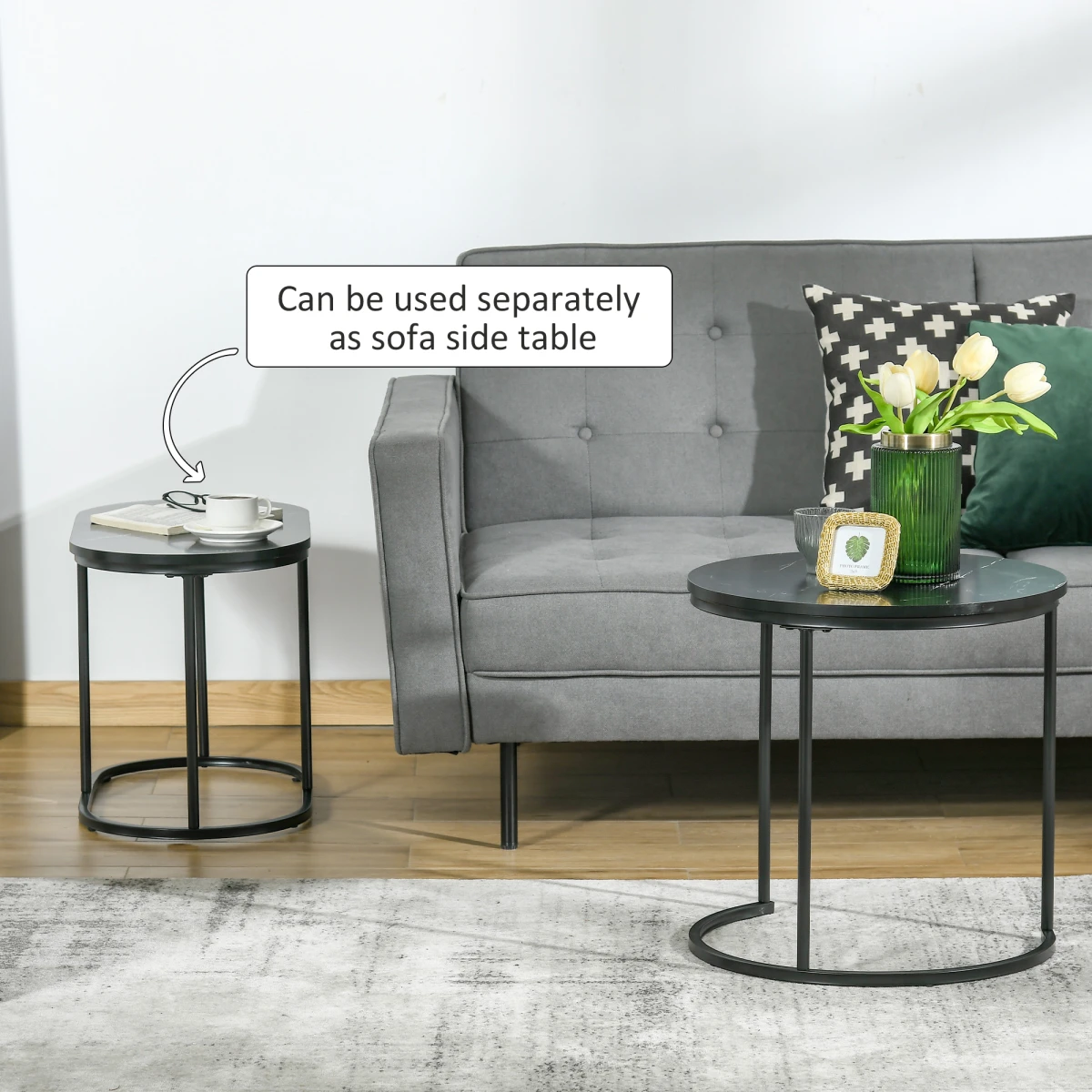 HOMCOM HOMCOM Two Piece Marble Top Side Tables Round And Oval Black Steel Frames Living Room Set - Coffee Table