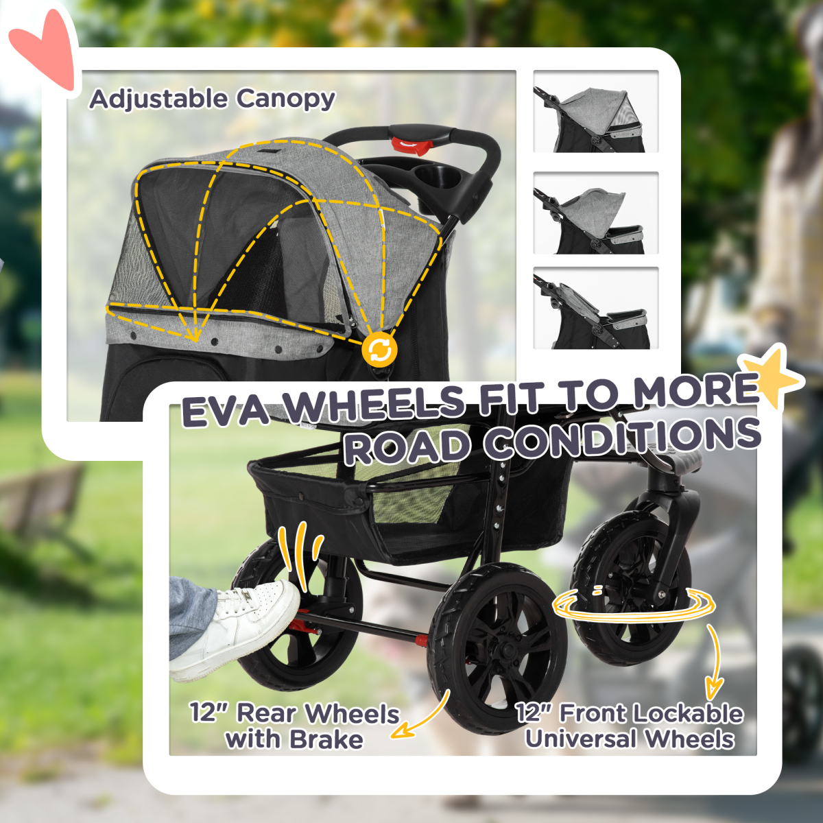 Folding 3 Wheel Pet Stroller Travel w/ Adjustable Canopy Storage Brake Grey - from Unbranded