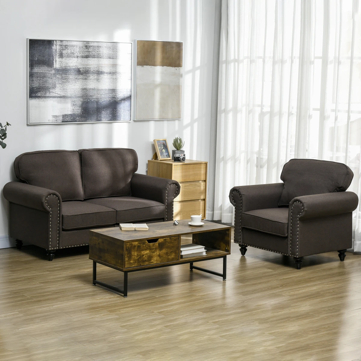 HOMCOM Mid Century Armchair Compact Wood Frame Brown Home by HOMCOM