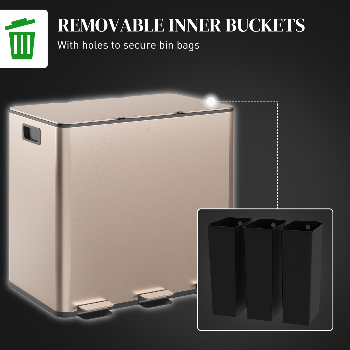 HOMCOM 3 x 15L Triple Kitchen Bin Pedal Bin for Recycling and Waste, Gold Tone - from PawHut
