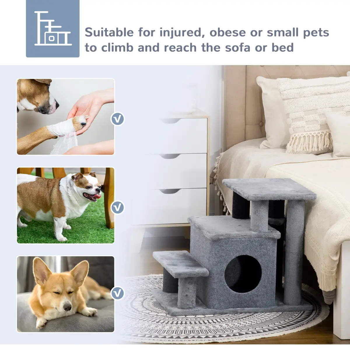 Unbranded Cat Steps for Bed, Sofa Adjustable Height w/ Hanging Ball - Grey Pawhut - Dog Steps
