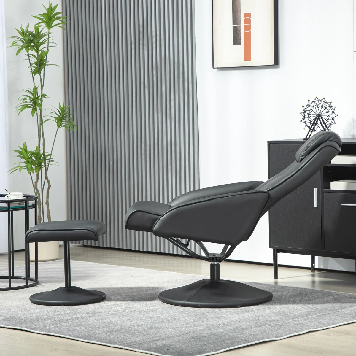 HOMCOM Swivel Armchair With Footstool Standard Size Faux Leather Upholstery 145 Degree Recline Living Room by AIYAPLAY