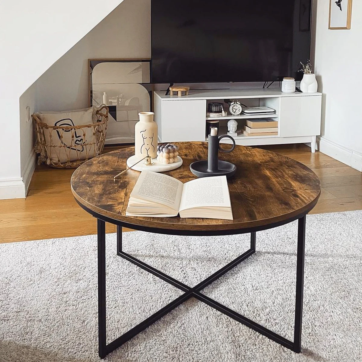 HOMCOM Industrial Round Side Table with Metal Frame, Large Tabletop, Rustic Brown - Dining Table