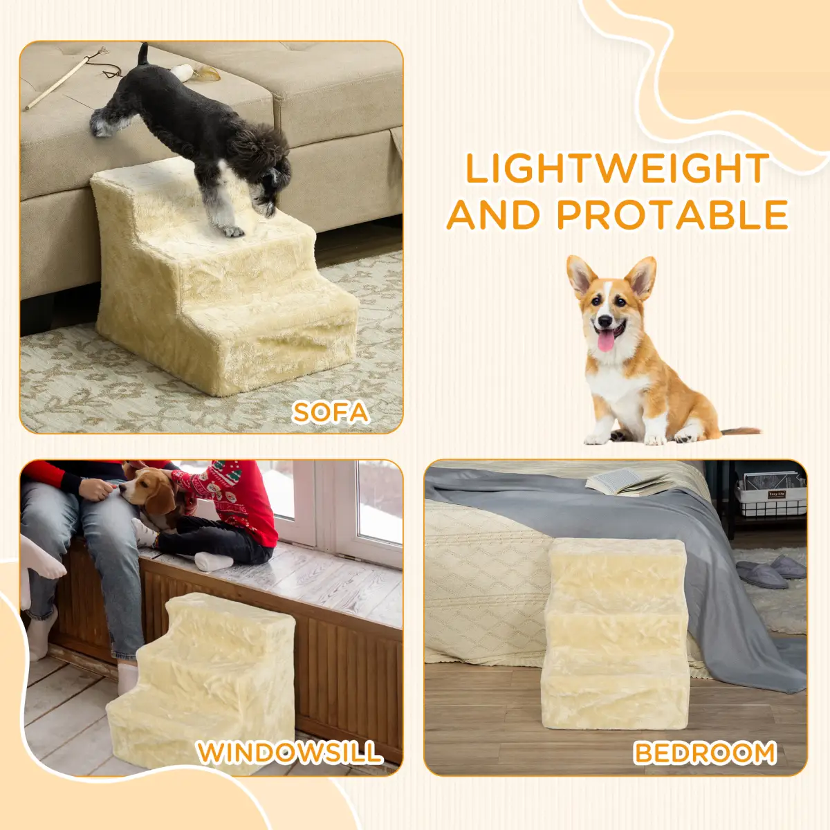 PawHut PawHut Three-Step Portable Dog Stairs with Washable Plush Cover - Dog Steps