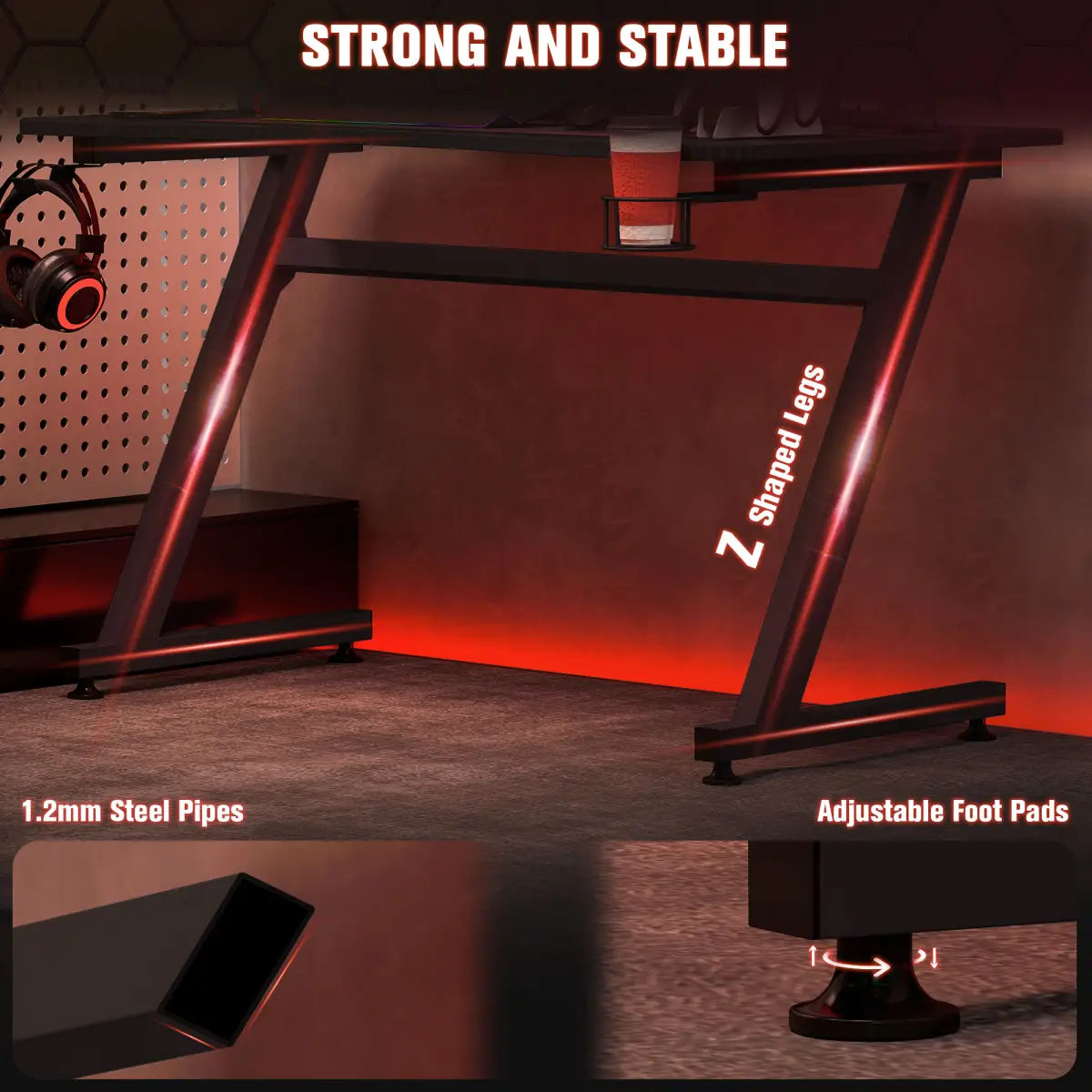 Unbranded Gaming Desk Steel Frame Cup Headphone Holder Adjustable Feet Home Black - Desk
