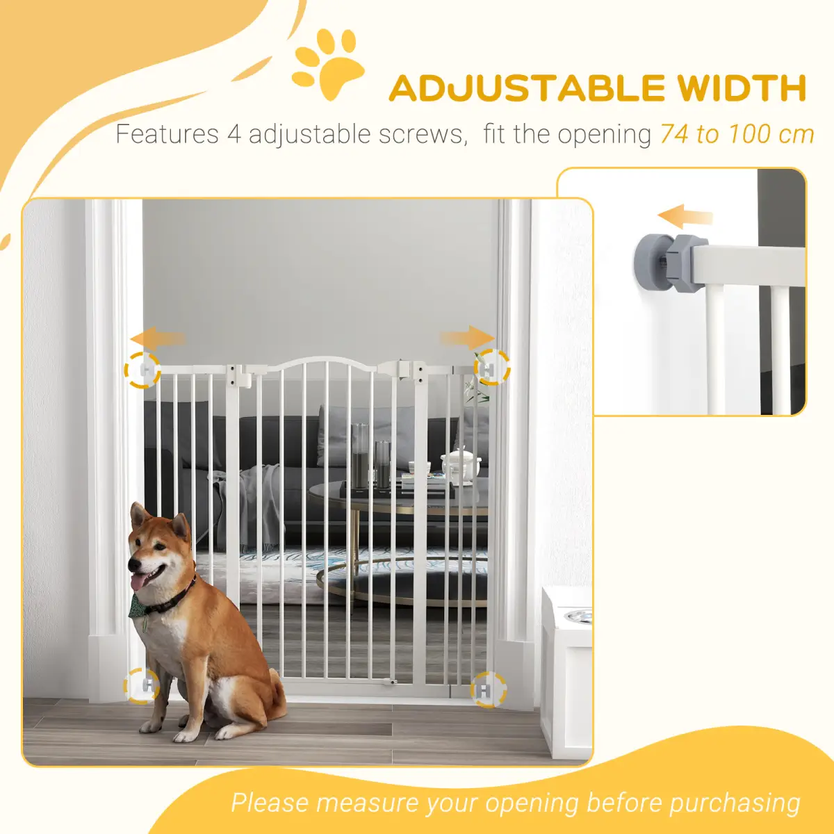 PawHut PawHut 74-100cm Adjustable Metal Pet Gate Safety Barrier w/Auto-Close Door White - Pet Gate