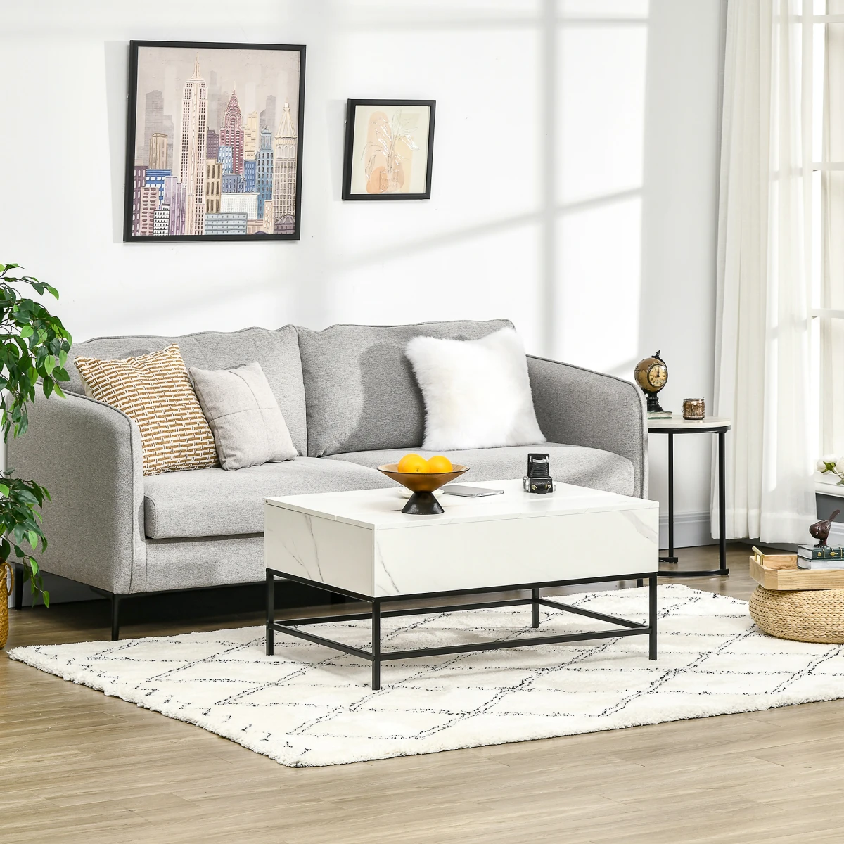 HOMCOM Lift-Top Coffee Table 80x40x45 cm With Hidden Storage White Marble Finish For Living Room by HOMCOM