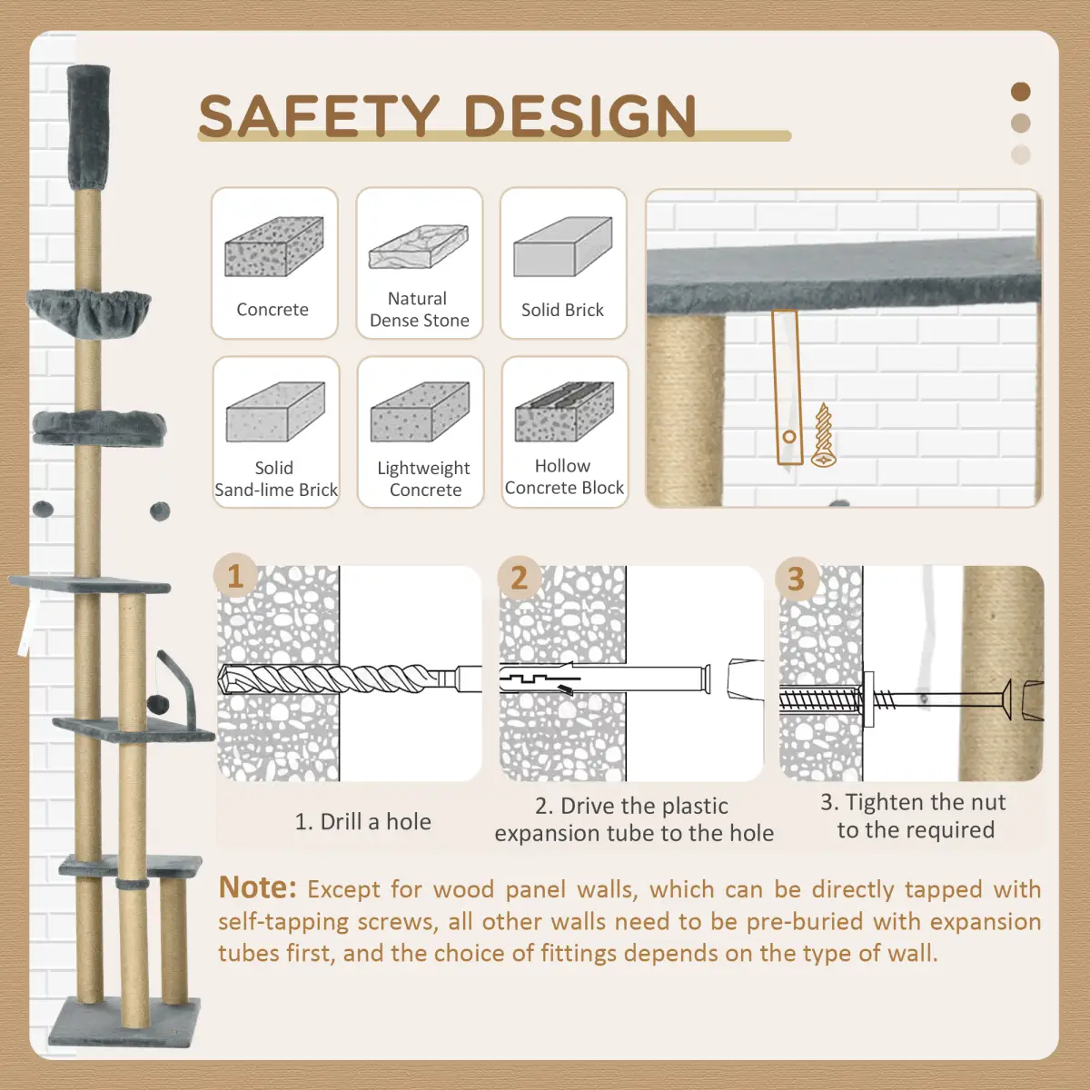 PawHut 6-Tier Floor to Ceiling Cat Tree with Scratching Post, Bed, Hammock, Grey - Cat Tree