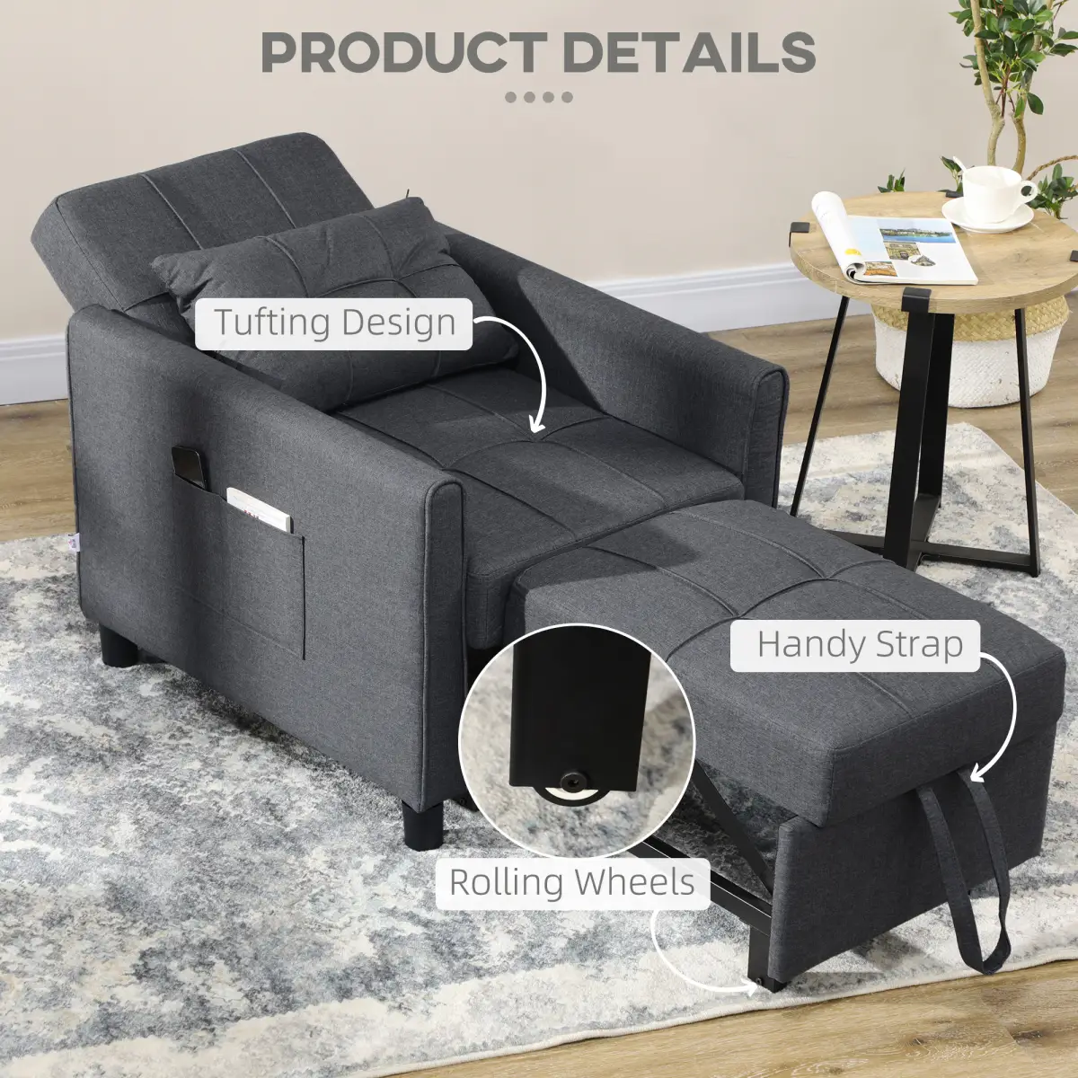 HOMCOM HOMCOM Pull Out Chair Bed, Sleeper Chair with Pillow, Side Pockets, Grey - Sofa Bed