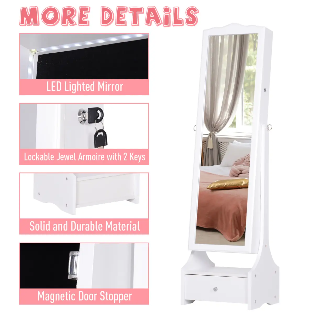 Unbranded Mirrored Jewelry Cabinet Armoire Floor Standing Lock, LED Light White - Display Cabinet