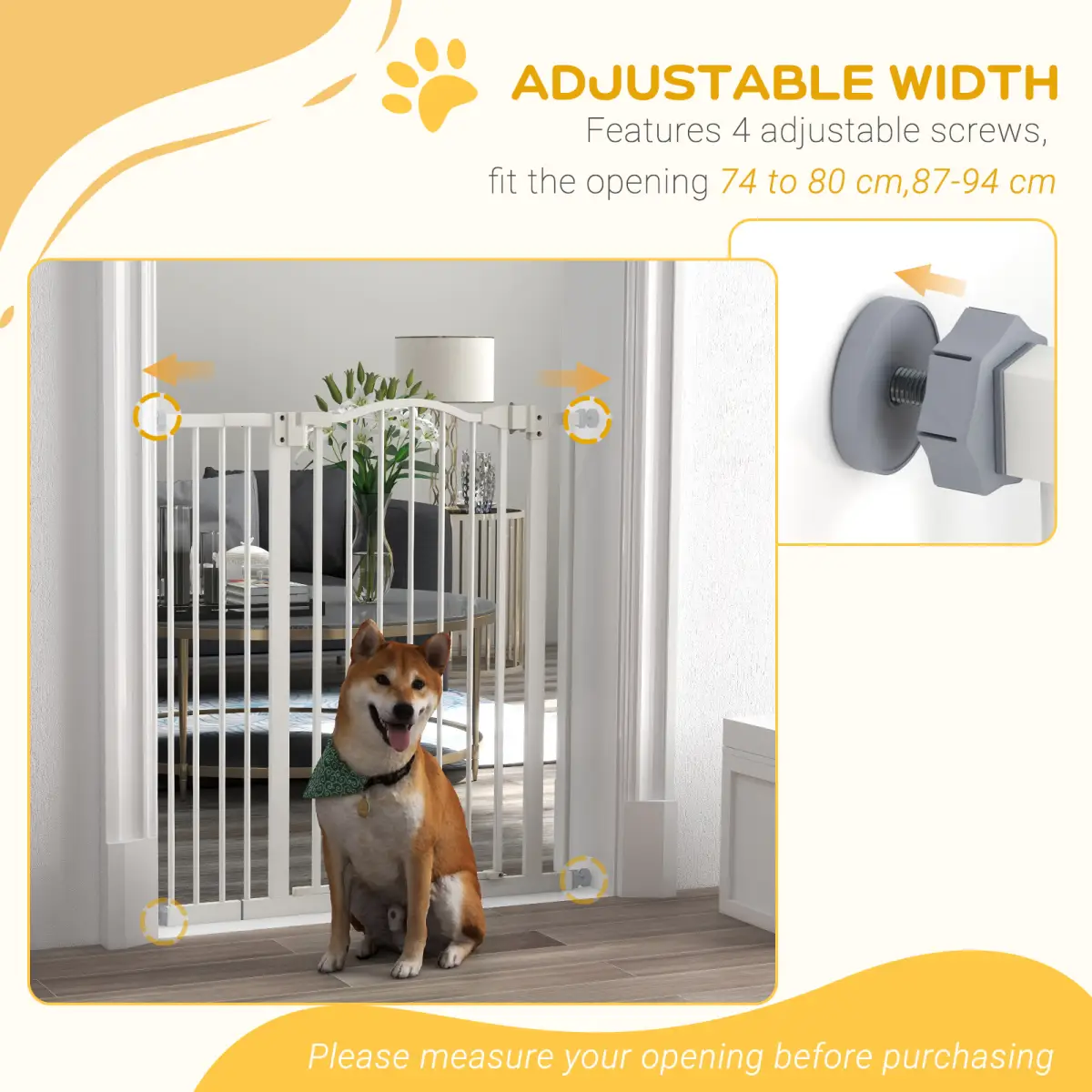 PawHut PawHut 74-94cm Adjustable Metal Pet Gate Safety Barrier w/ Auto-Close Door White - Pet Gate