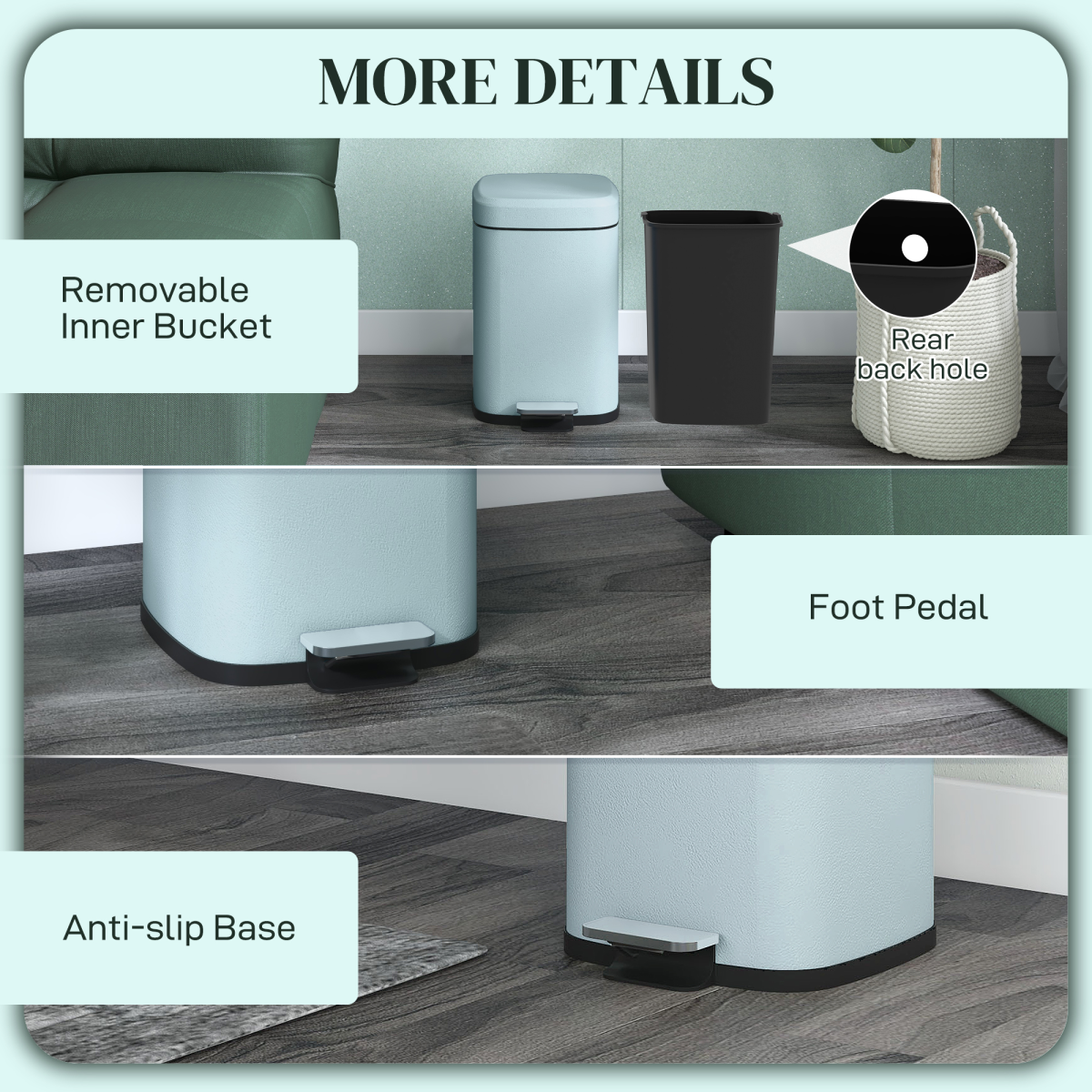 HOMCOM 12L Kitchen Pedal Bin, Metal Rubbish Bin with Soft-close Lid, Light Green - from PawHut