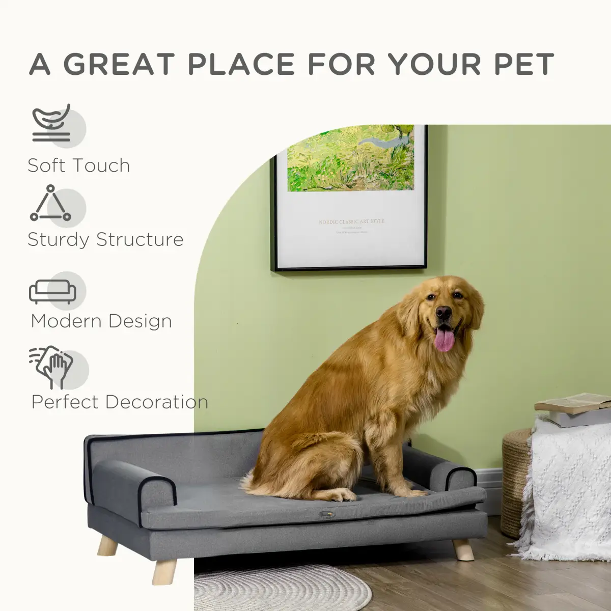 PawHut Pet Sofa for Large, Medium Dogs, with Wooden Legs Water-resistant Fabric, Grey - Dog Beds