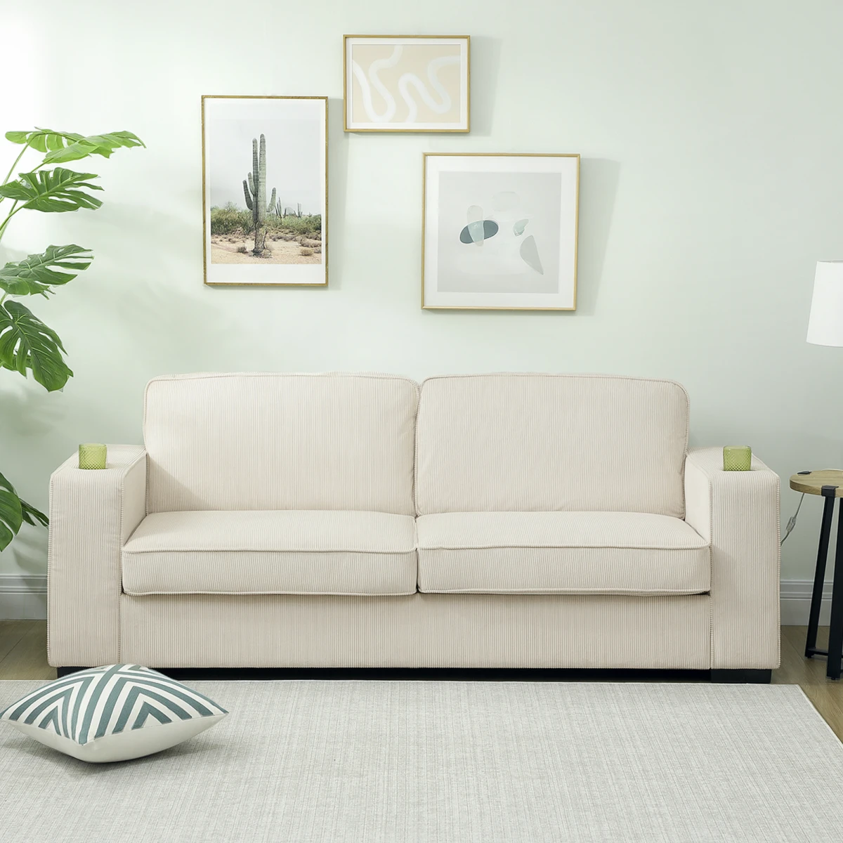 HOMCOM Three Seater Sofa Corduroy Cream White Cup Holders - Sofa